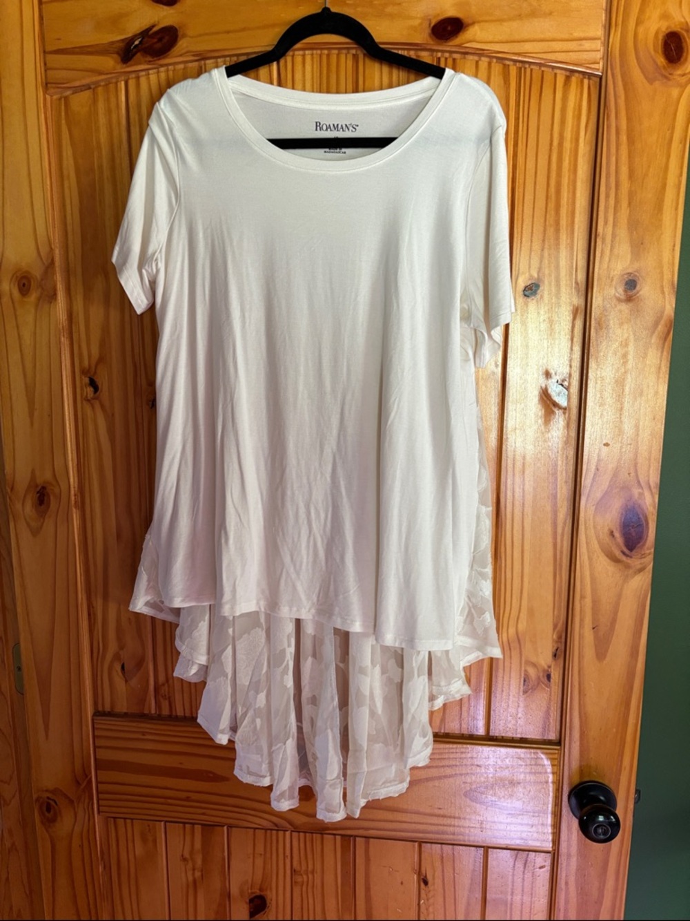 Roaman's Cream Layered Short Sleeve Tunic with Sheer Patterned Hem